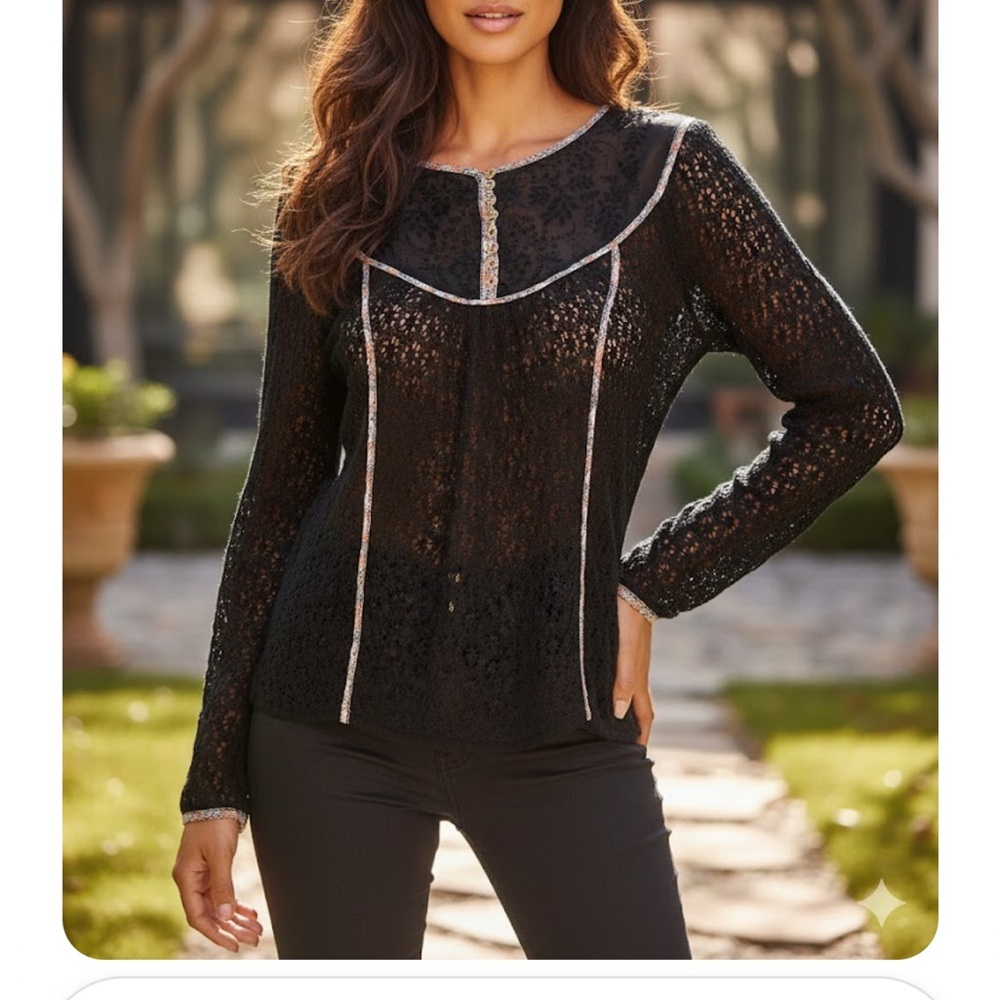 Free People Black Lace Blouse with White Trim size L